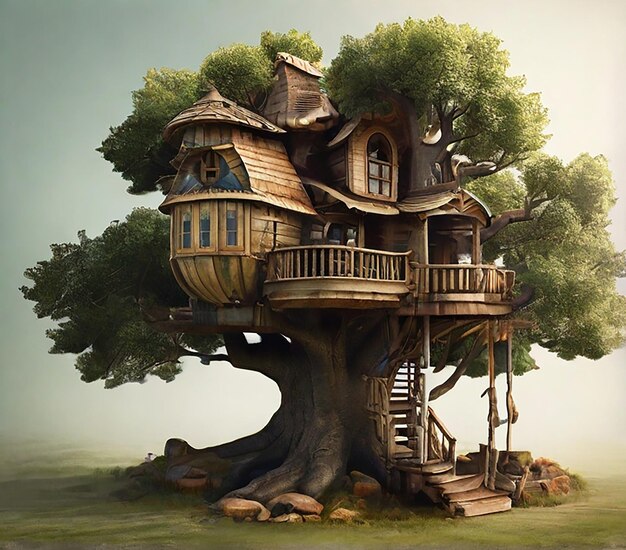 a tree house with a tree house on the bottom