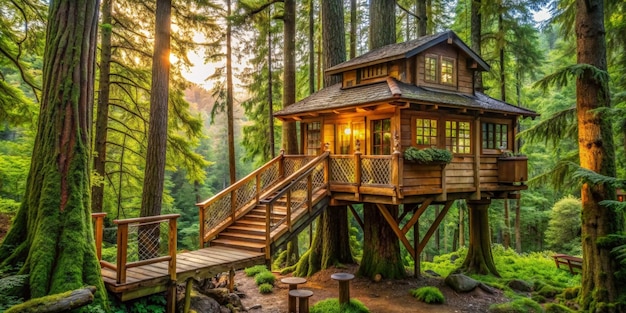 Foto una casa sull'albero con una casa sugli alberi in cima