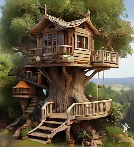 a tree house with a tree house on the top
