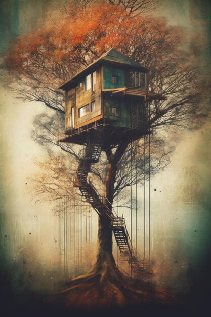 A tree house with a tree on it