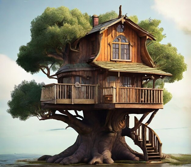 Photo a tree house with a tree on the top