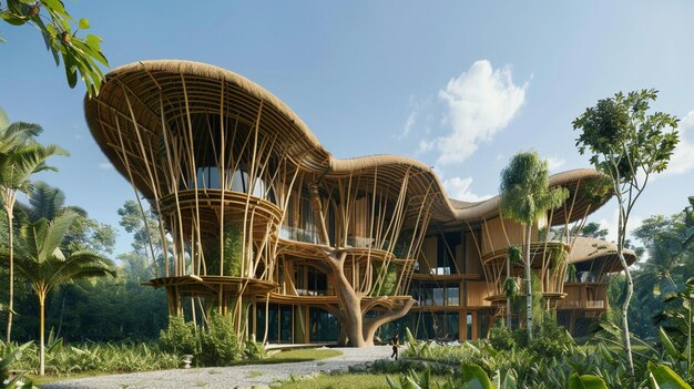 a tree house with a wooden structure that has a tree on it