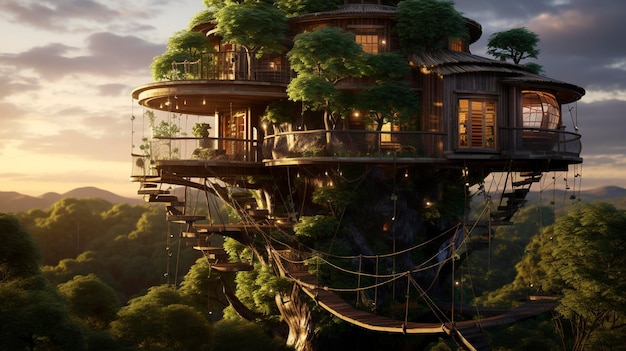 A tree house with a zip line for adventurous fun