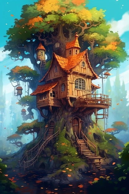 A tree house in the woods