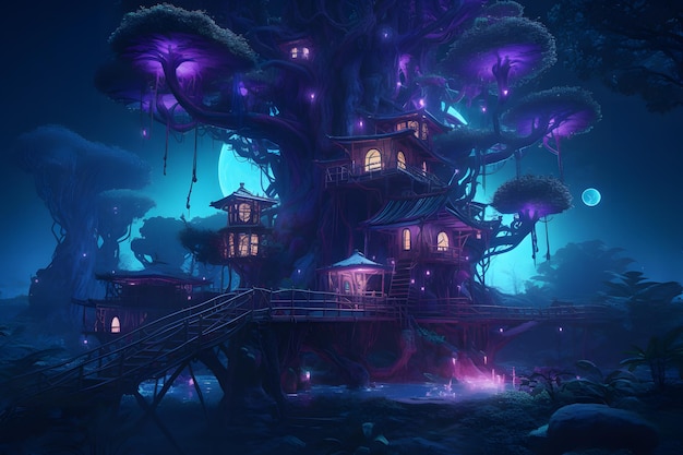 Tree houses in a magical fairytale forest Neural network AI generated