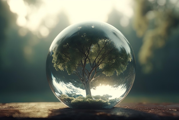 Дерево внутри стеклянной сферы, представляющее концепцию окружающей среды Генеративный ИИ