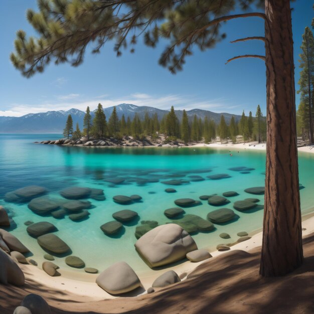 A tree is in front of a lake with mountains in the background.