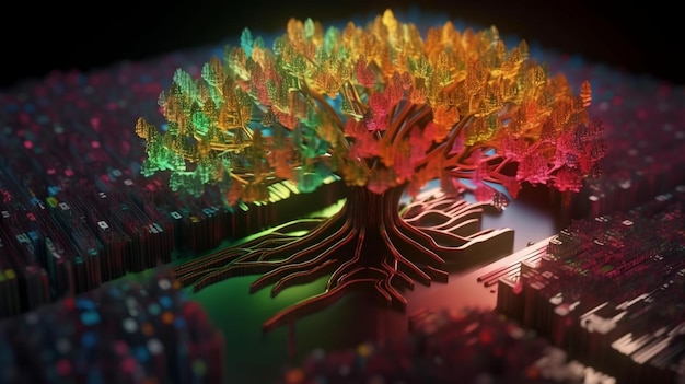 A tree is growing on the convergence point of a computer circuit board Nature in the Age of Digital and Technological Convergence Generative AI