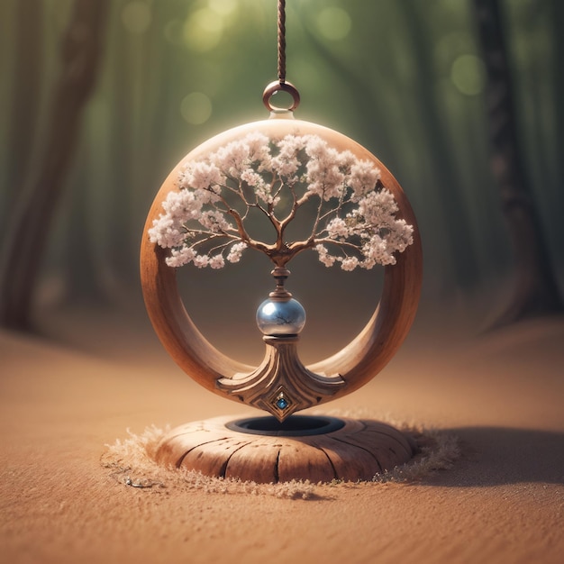 A tree is hanging on a chain with a ball and a silver ball in the middle.