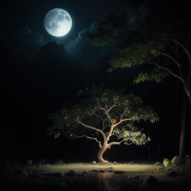 A tree is lit up with the moon in the background.