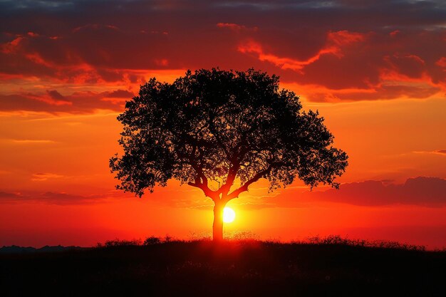 A tree is in the middle of a field with the sun setting behind it