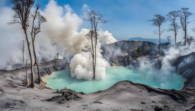 Photo a tree is in the middle of a volcano with a tree in the middle of it