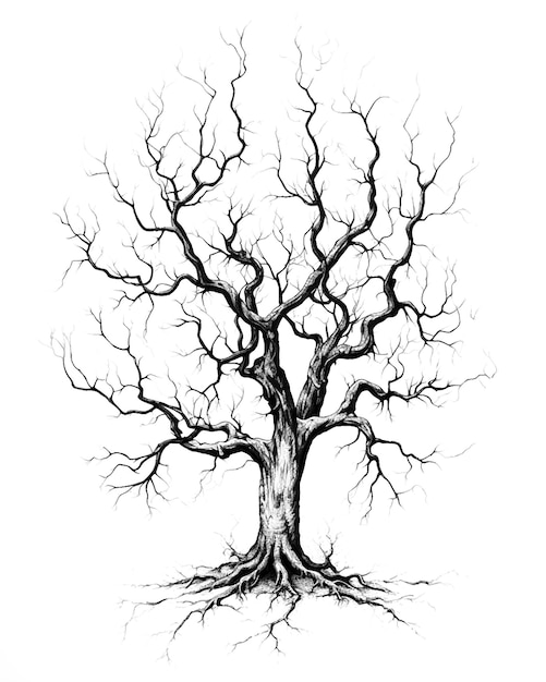 The tree is old dry hollow branches drawing engraving