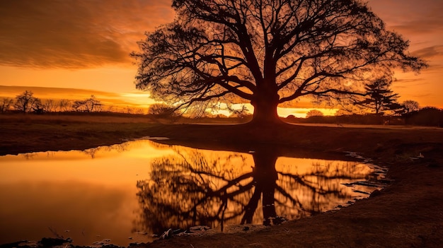 A tree is reflected in a puddle of water at sunset.