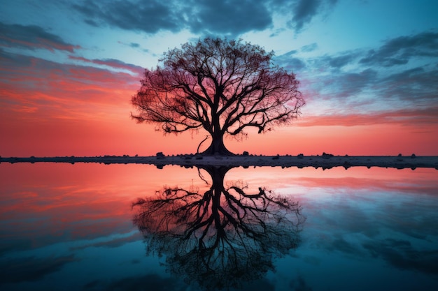 a tree is reflected in the water at sunset