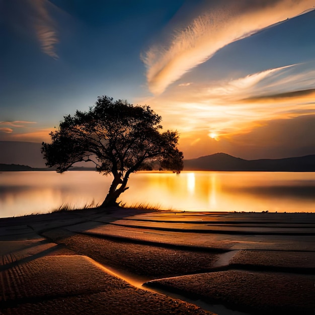 A tree is silhouetted against a sunset sky