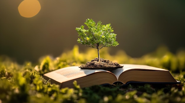 Un albero sta germogliando da un libro sullo sfondo della natura ai generativa