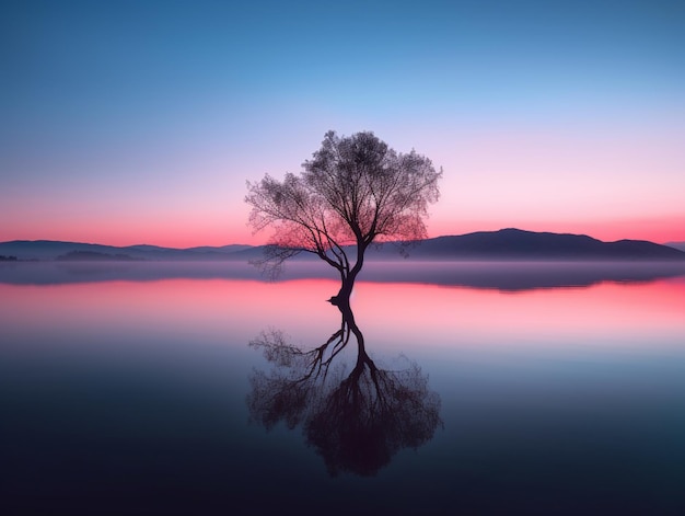 空を背景に湖の中に木が立っています。