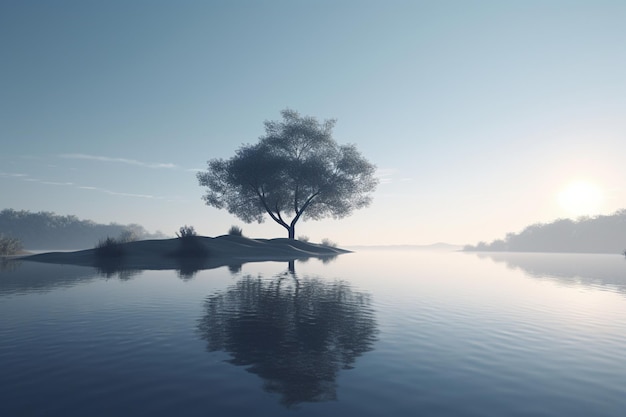 A tree is on the water and the sky is blue.