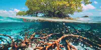 Photo a tree is in the water with roots that are under it