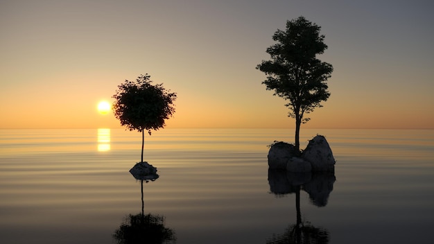 tree on an island in the middle of a lake beautiful landscape 3D illustration cg render