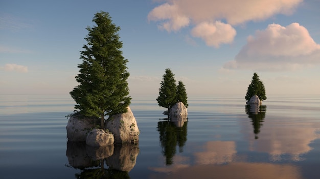 tree on an island in the middle of a lake beautiful landscape 3D illustration cg render