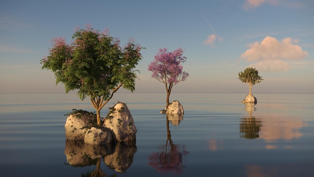 tree on an island in the middle of a lake beautiful landscape 3D illustration cg render