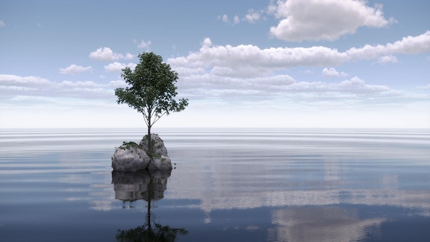 tree on an island in the middle of a lake beautiful landscape 3D illustration cg render