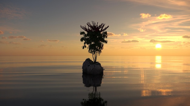 tree on an island in the middle of a lake beautiful landscape 3D illustration cg render