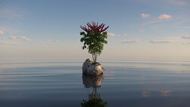 дерево на острове посреди озера красивый пейзаж 3D иллюстрация cg render