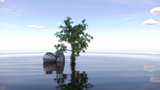 tree on an island in the middle of a lake beautiful landscape 3D illustration cg render