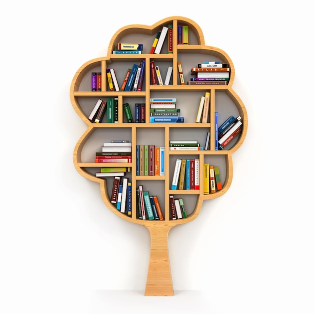 Tree of knowledge. Bookshelf on white background. 3d