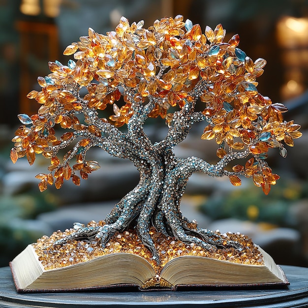 A tree of knowledge made from an open book with branches and roots formed by pages filled with spar