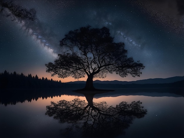 아름다운 하늘과 함께 밤에 호수에 있는 나무