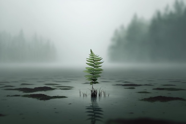 A tree in a lake with a fern in the middle.