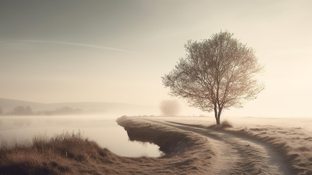 A tree on a lake with the sun shining on it