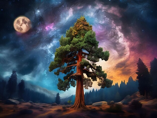 Photo a tree landscape mountain and moon vincent van gogh style