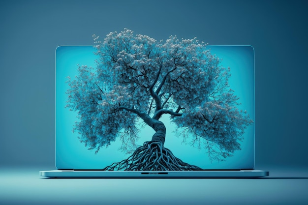 Tree on laptop screen background Generative AI