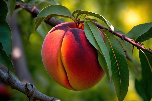 On a tree in a large garden are sweet organic nectarines