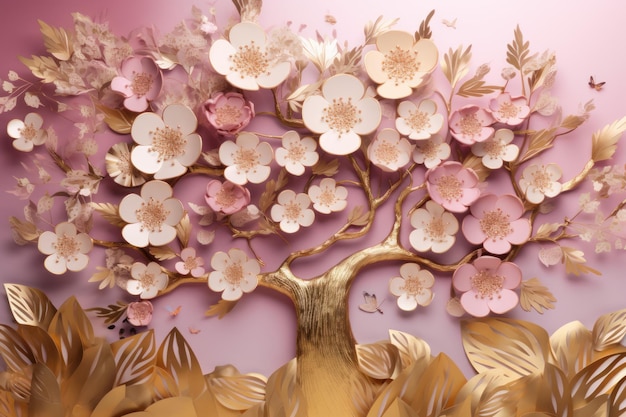 Tree leaf decor pink wall Generate Ai