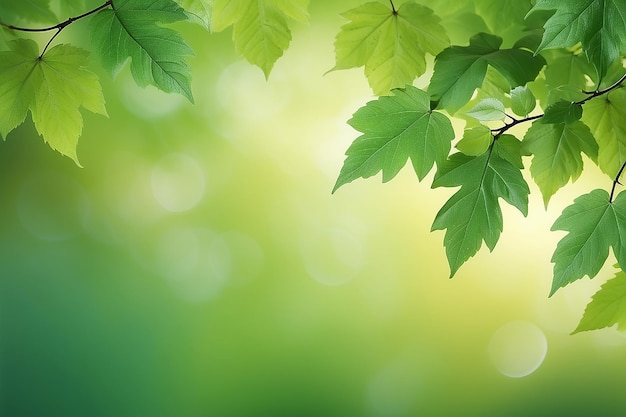 Tree leaves border on green abstract defocused background