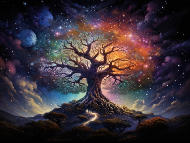 神秘的な夜の風景の難解な概念の背景にある生命の木