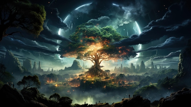 신비한 밤 풍경 밀교 개념의 배경에 생명의 나무