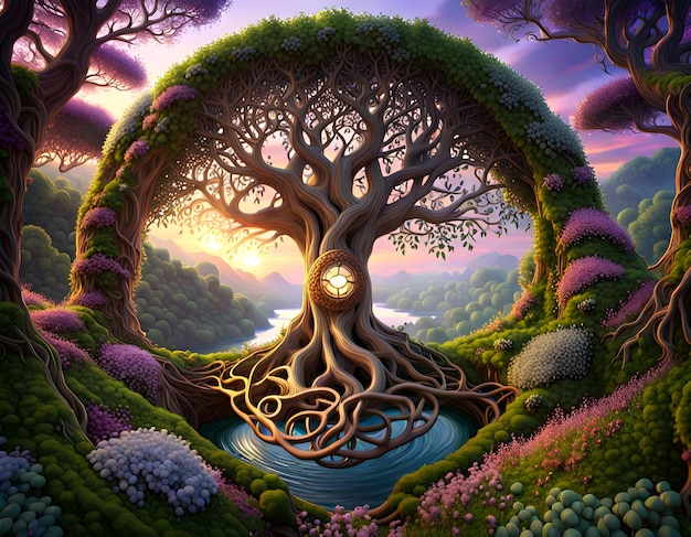 дерево жизни в красочном лесу растений цветов кельтский лес
