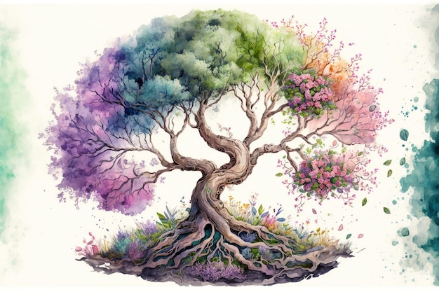 The tree of life in colorful spring watercolor painting style