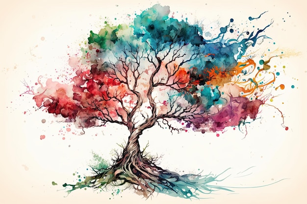 白地にカラフルな水彩で描かれた生命の木 ジェネレーティブ AI