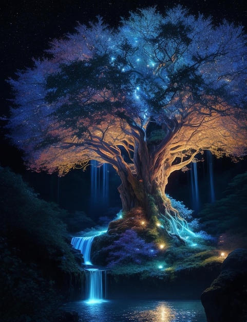 tree of life in galaxy universe dramatic fantasy waterfall ultra HD Generative AI