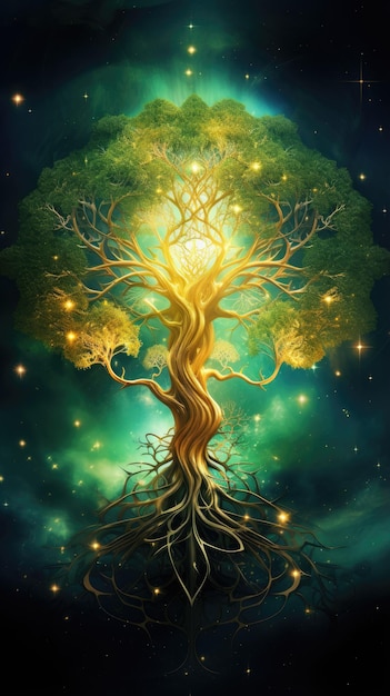 Дерево жизни мульти-экспозиция фрактальные ветви небесный фон