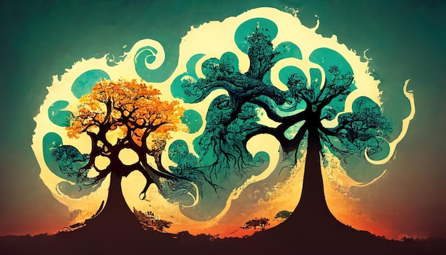 tree of life sacred symbol individuality prosperity and growth concept retro style digital art