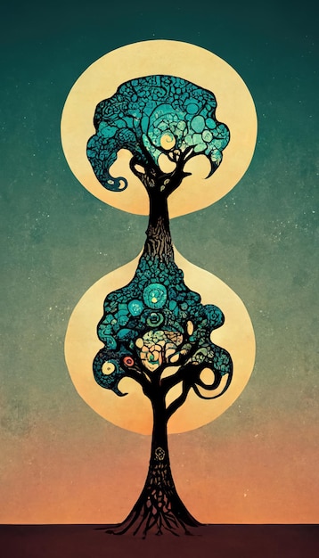 Tree of life sacred symbol Individuality prosperity and growth concept Retro style digital art